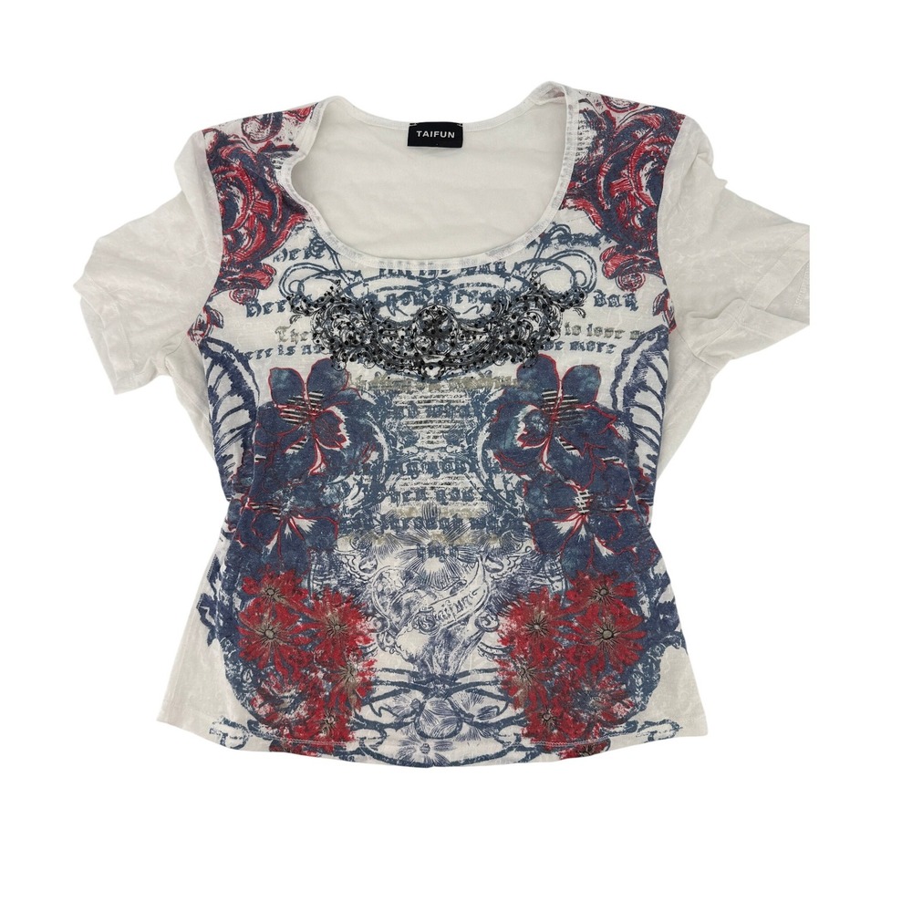 Taifun Y2K Short Sleeve Graphic Floral Beaded Scoop Neck Top White Blue Red
